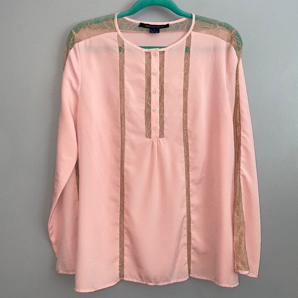 EUC French Connection Polly Lace Long Sleeve Blouse Light Pink Size Large